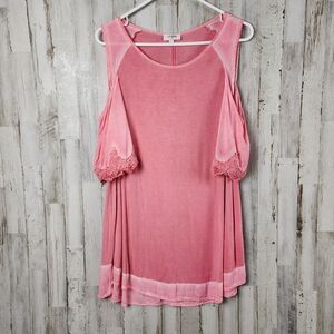 Umgee Cold Shoulder Bell Crochet Blouse Pink Size Large